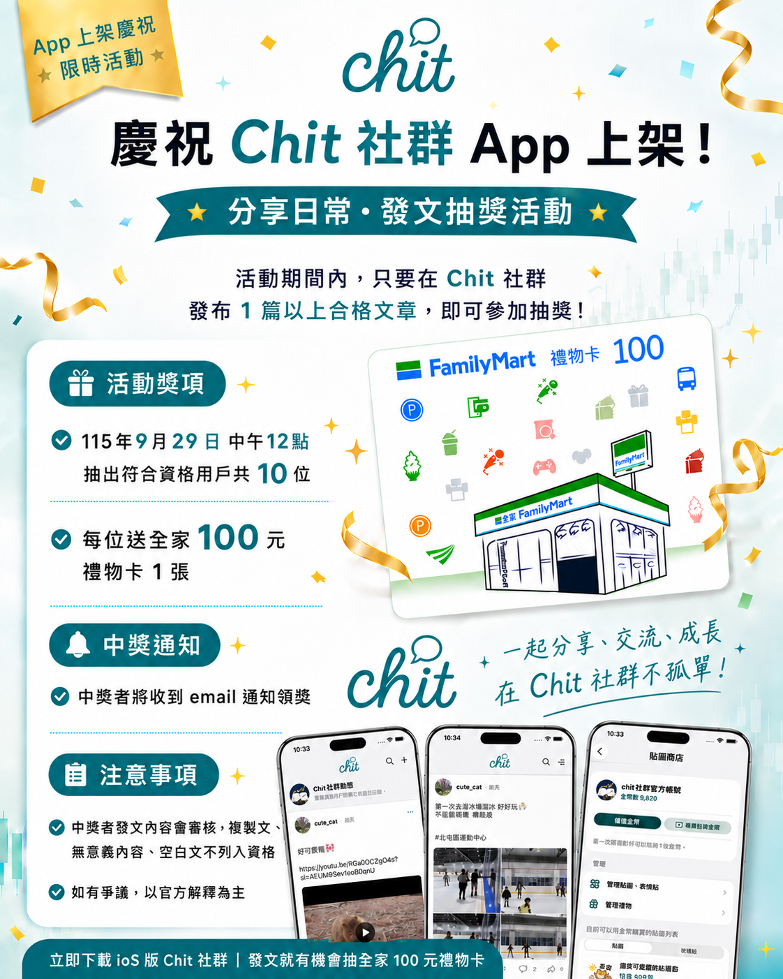 Chit 社群上架慶祝:發文抽全家100元禮物卡,10名得獎者,115年9月29日中午12點開獎。